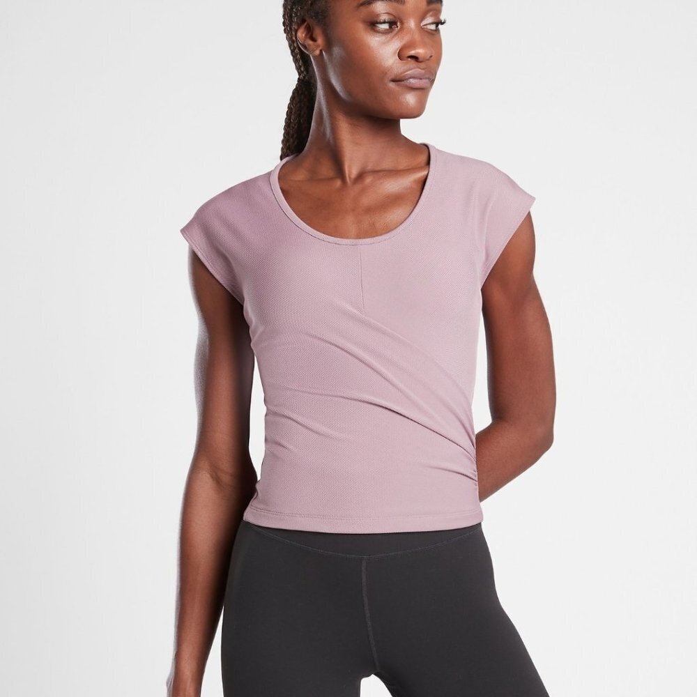Athleta Bayview Tee XS Ribbed Ruched Hip Floral Mauve Cap Sleeve Top